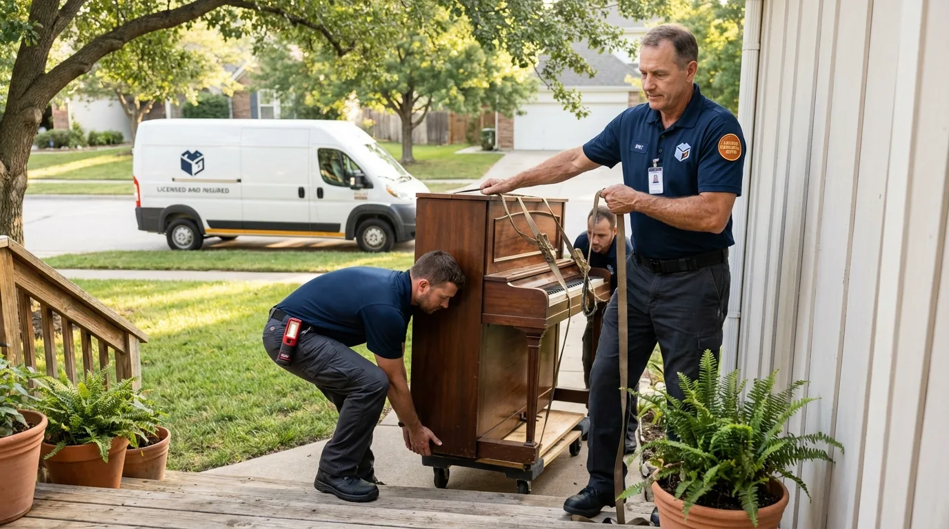 Licensed piano movers securing grand piano in Manor, PA