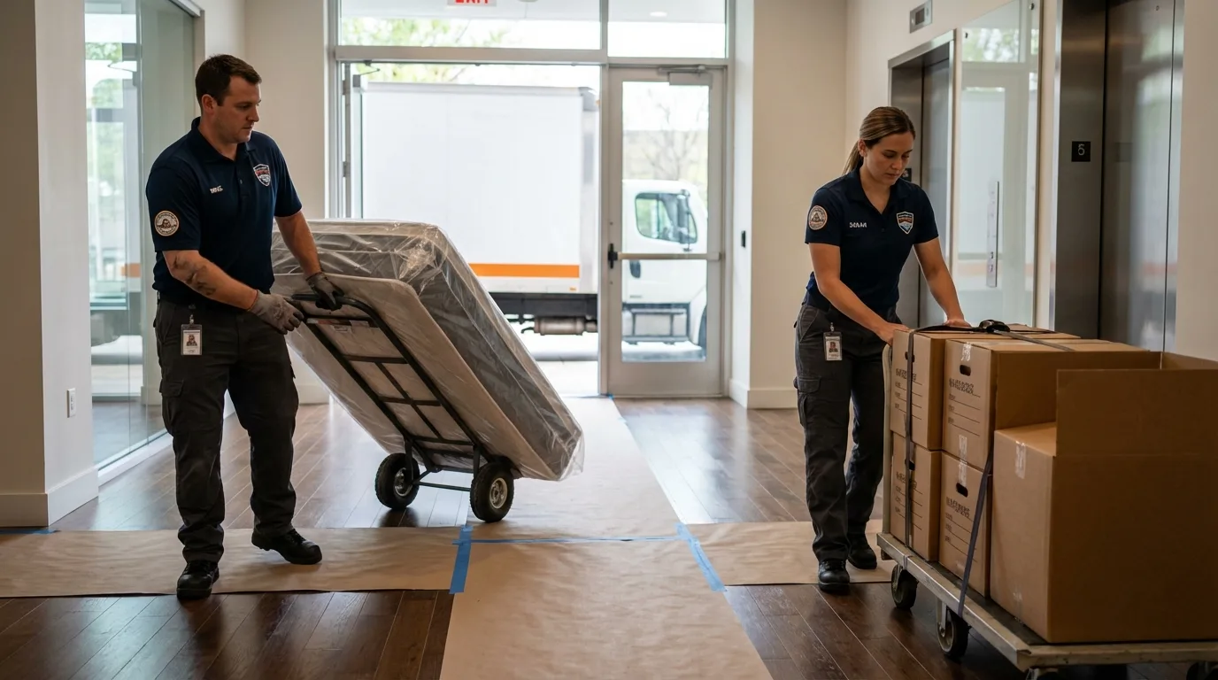 Professional apartment movers loading elevator in Manor, PA